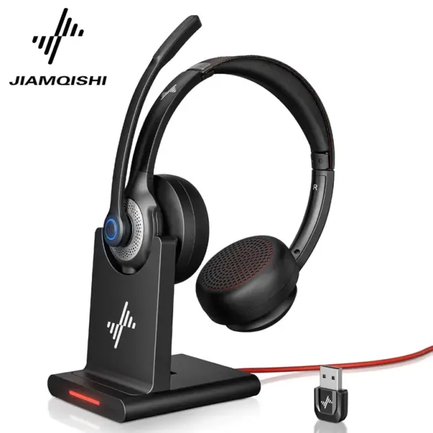 JIAMQISHI EH02P Wireless Headset with AI Noise Cancelling Microphone Headphones Bluetooth V5.2 with USB Dongle,Charging Base