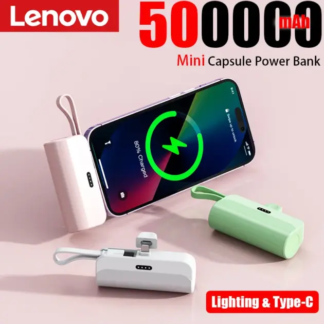 Lenovo 500000mAh Capsule Power Bank High Capacity Super Fast Charging Powerbank Portable External Battery For All Phones 2026